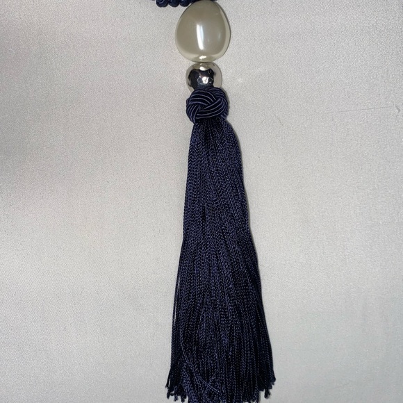 Navy Tassel Necklace with Pearl - Picture 2 of 4